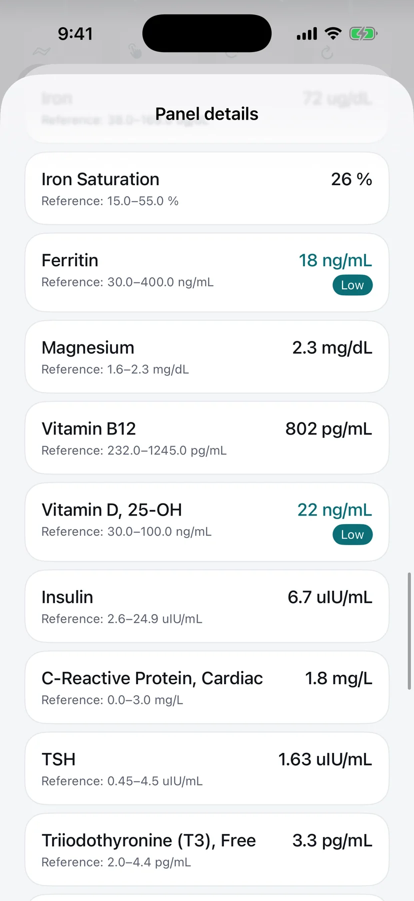 A blood panel in the Panora app listing markers beside their reference ranges.