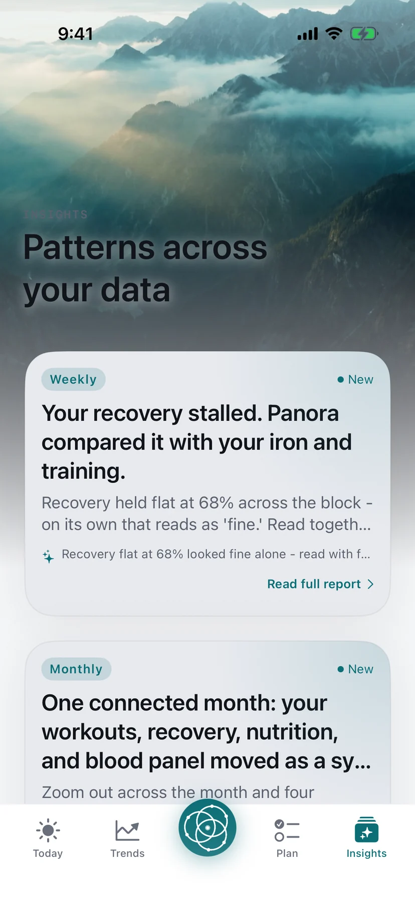 The Panora app showing a cross-domain wellness observation that reads recovery alongside training and blood work.