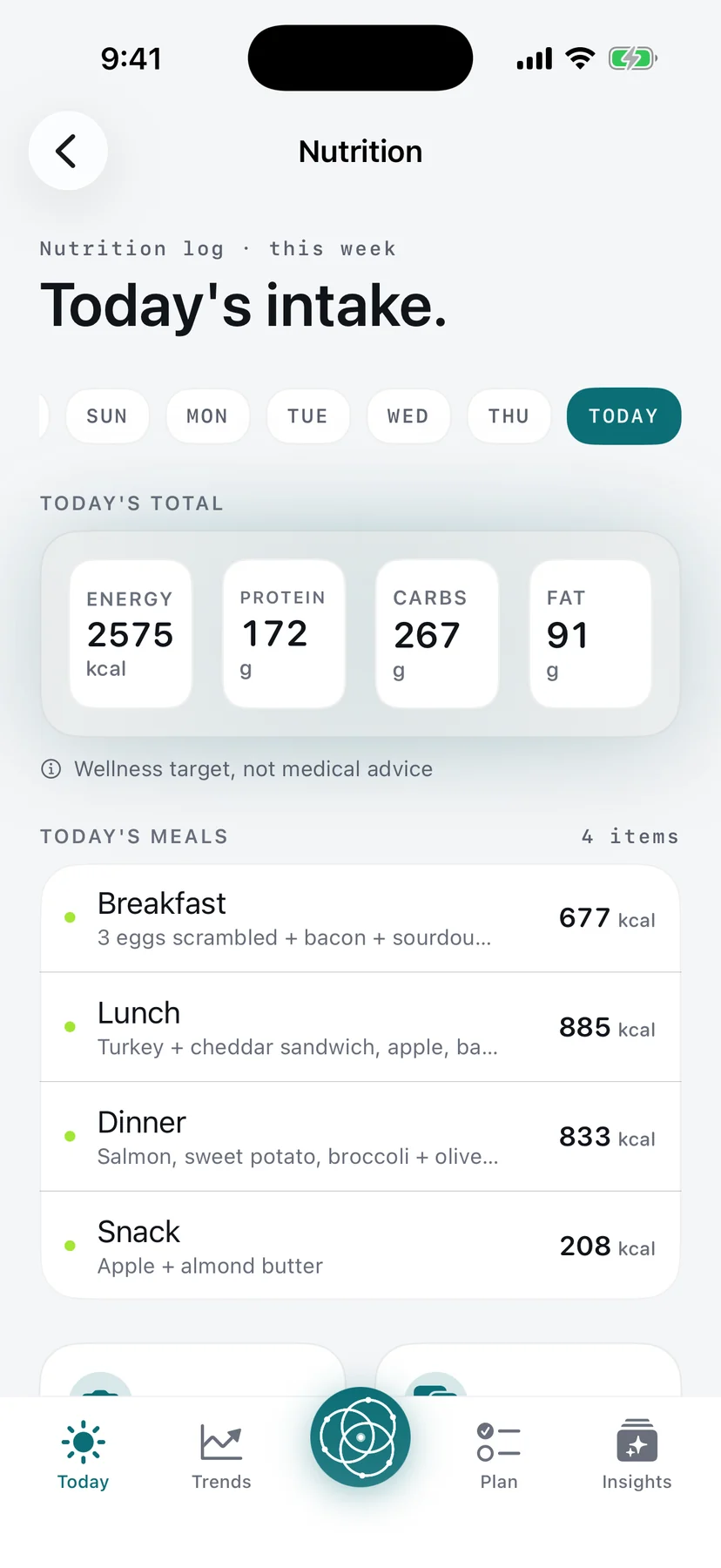 The Panora nutrition view showing today's energy, protein, carbs and fat totals against goals.