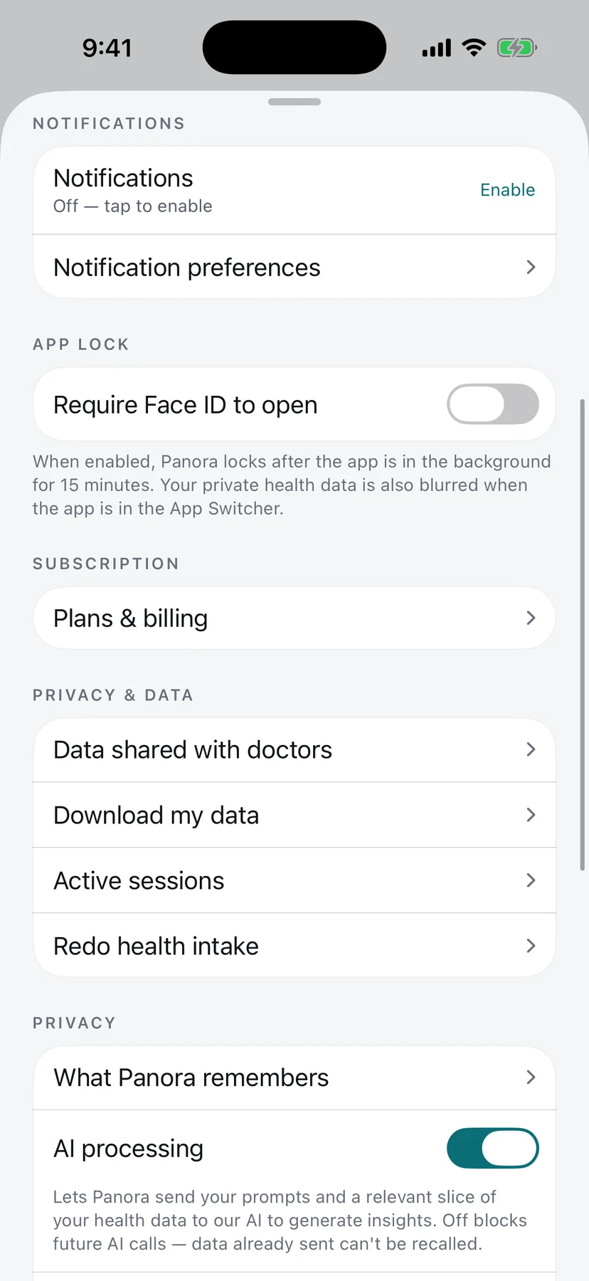 The Panora privacy and security settings, including app lock, data export and an AI-processing toggle.
